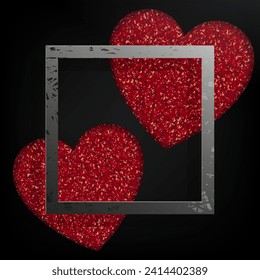 Valentine's Day, Black composition, textured square frame in gray shade, ribbed red hearts.