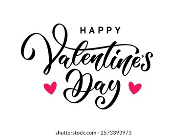 Valentines Day black handwritten typography lettering with red hearts isolated white background