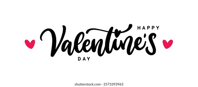 Valentines day black text with red hearts in white background.