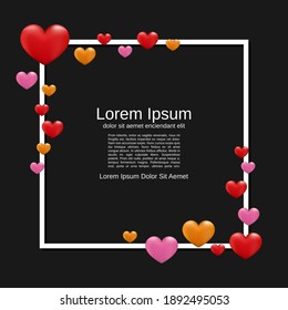 Valentine's Day black vector background with empty frame and hearts