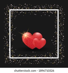 Valentine's Day black vector background with empty frame and hearts