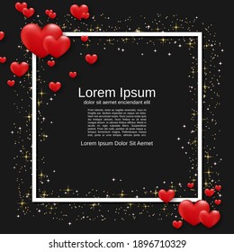 Fondo vectorial negro del Día de San Valentín con marco vacío y corazones