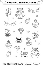 Valentines day. Black and white. Find two same pictures. Game for children. Spot two identical pictures. Isolated vector illustration eps 10