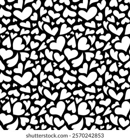 Valentines Day black and white pattern. Creative hearts vector seamless background. Illustrated heart shapes symbol of love and February 14 celebration. Romantic pattern design.