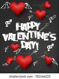 Valentine's day blackboard background with chalk lettering and red hearts. Vector illustration