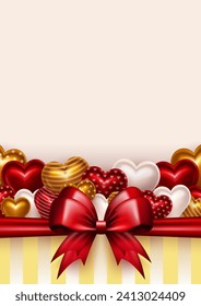 Valentines Day blank poster with 3d colorful sweet heart candies and realistic wrapping red silk bow on blurred background with copy space for text. Empty vertical card with hearts and gift box