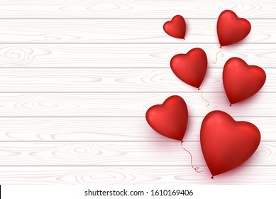 Valentines Day Blank wooden banner with heart balloons isolated. Vector romantic background.