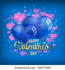 Valentine's day blue background with flying bubbles hearts. Vector illustration. Gold lettering.