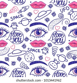 Valentine's Day. Blue Doodle seamless pattern. Vector illustration. Girl lips, planets, UFO, rocket, stars isolated on a white background. Handwritten inscription I love you.