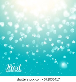 Valentine's Day Blur and Glow White Falling Hearts. Vector Illustration Beautiful Blue Background. Design Element.