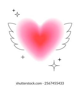 Valentines Day blurred heart in 90s style.Romantic vector symbol in y2k aesthetic with linear shapes,wings,sparkles.Modern emblem design for smm,logos,invitations,prints,promo offers.