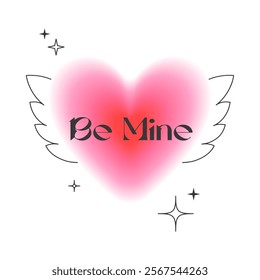 Valentines Day blurred heart in 90s style with text - be mine.Romantic vector symbol in y2k aesthetic with linear shapes,wings,sparkles.Modern emblem design for smm,logos,invitations,prints,proms.