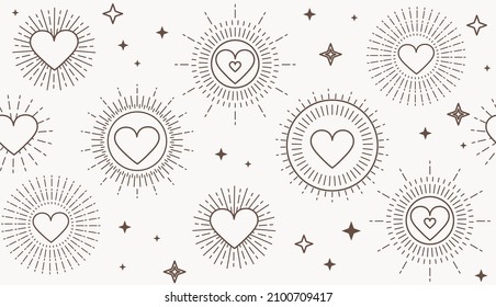 Valentine's Day Bohemian Pattern With Geometric Hearts And Stars. Minimalist Background For Mother's Day, Valentine's Day, Wedding, Birthday, Wallpaper Etc. Flat Style Vector Illustration