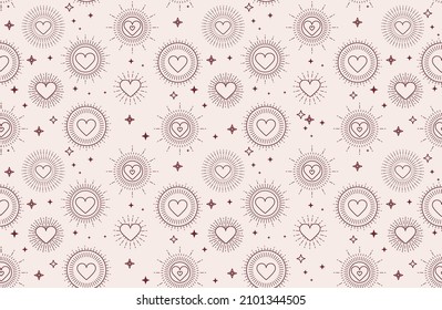 Valentine's day bohemian pattern with geometric hearts and stars. Minimalist background for Mother's day, Valentine's day, wedding, Birthday, wallpaper etc. Flat style vector illustration