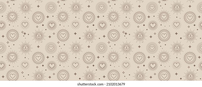 Valentine's day bohemian pattern with geometric hearts and stars. Minimalist background for Mother's day, Valentine's day, wedding, Birthday, wallpaper etc. Flat style vector illustration