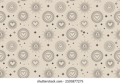 Patrón bohemio de San Valentín con corazones geométricos y estrellas. Fondo minimalista para el Día de la Madre, Día de San Valentín, boda, cumpleaños, papel pintado, etc. Ilustración vectorial de estilo plano