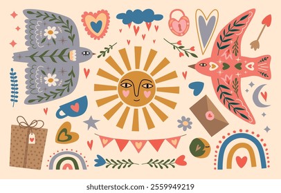 Valentine's day boho set. Folk bird, heart, sun and other festive elements. Vector illustration for your design