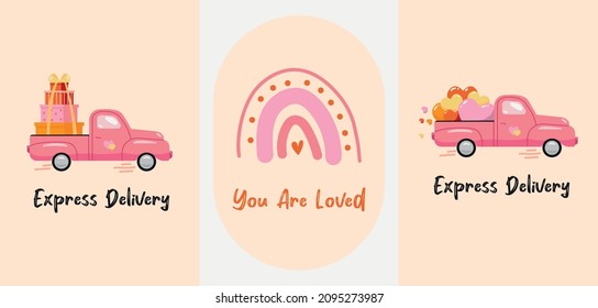 Valentine's day boho style set of cute illustrations. Perfect for greeting cards, postcards, banners, posters, stickers, prints. Truck full of presents and hearts retro simple vector, handrawn rainbow