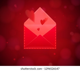 Valentine's Day bokeh background with red hearts flying out of envelope. Vector illustration of romantic mail message or love letter perfect for design greeting cards, flyers, holiday invitations and 