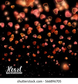 Valentines Day with Bokeh Falling Effect Hearts and Confetti. De focused and glittering separated elements. Vector Illustration on black background.