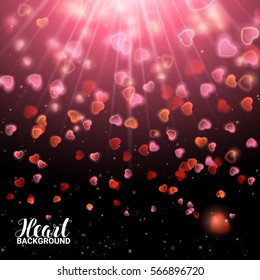 Valentines Day with Bokeh Falling Effect Hearts and Confetti. De focused and glittering separated elements. Vector Illustration on black background.