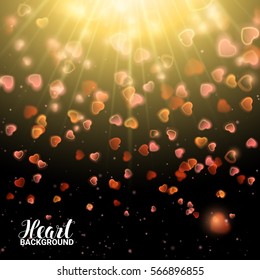 Valentines Day with Bokeh Falling Effect Hearts and Confetti. De focused and glittering separated elements. Vector Illustration on black background.