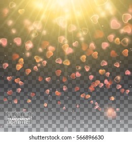 Valentines Day with Bokeh Falling Hearts and Confetti. De focused and glittering separated elements. Vector Illustration Effect Isolated on transparent background.