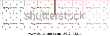 Valentines day border background with hanging pixel art hearts and cursive type typography of Happy Valentines Day text. Vector illustration, black and white, red, maroon, hot pink, pastel pink