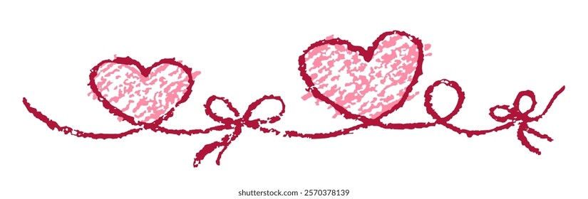 Valentine's day border or background with red pink hearts with string thread and cute girly bow. Like kids hand drawing doodle funny style. Crayon, pastel chalk or pencil. Cartoon simple banner frame