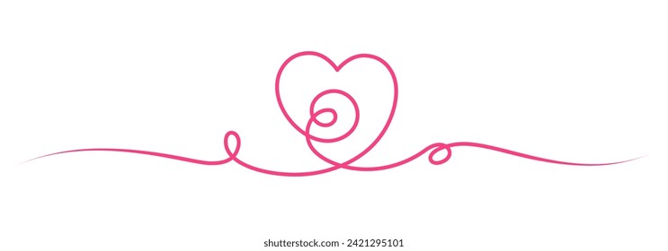 Valentine's Day border with drawn continuous line and heart shape. Love romantic decoration for Valentine's Day or Women's and Mother's Day - vector