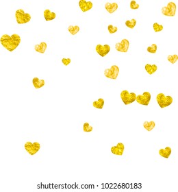 Valentines day border with gold glitter hearts. February 14th day. Vector confetti for valentines day border template. Grunge hand drawn texture. Love theme for voucher, special business ad, banner.