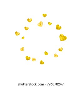 Valentines day border with gold glitter hearts. February 14th day. Vector confetti for valentines day border template. Grunge hand drawn texture. Love theme for voucher, special business ad, banner.