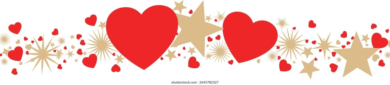 Valentine's Day border, gold and red hearts and stars banner