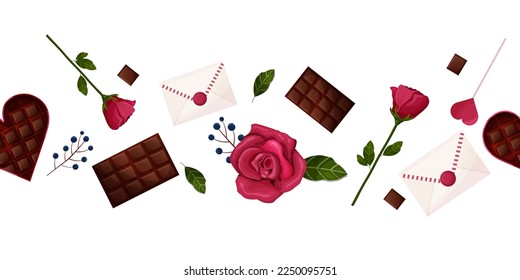 Día de San Valentín. Borde blanco con rosas, chocolate, rosas. Plantilla de banner, postal, web. Ilustración del vector	