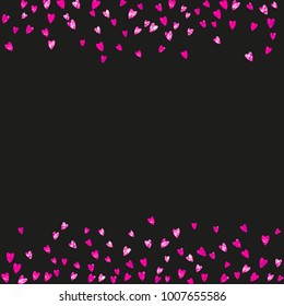 Valentines day border with pink glitter hearts. February 14th day. Vector confetti for valentines day border template. Grunge hand drawn texture. Love theme for poster, gift certificate, banner.