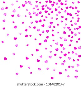 Valentines day border with pink glitter hearts. February 14th day. Vector confetti for valentines day border template. Grunge hand drawn texture. Love theme for party invite, retail offer and ad.