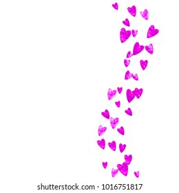 Valentines day border with pink glitter hearts. February 14th day. Vector confetti for valentines day border template. Grunge hand drawn texture. Love theme for flyer, special business offer, promo.