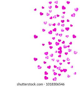 Valentines day border with pink glitter hearts. February 14th day. Vector confetti for valentines day border template. Grunge hand drawn texture. Love theme for flyer, special business offer, promo.