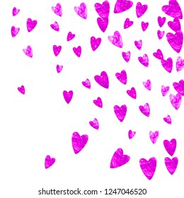 Valentines day border with pink glitter hearts. February 14th day. Vector confetti for valentines day border template. Grunge hand drawn texture. Love theme for flyer, special business offer, promo.
