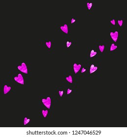 Valentines day border with pink glitter hearts. February 14th day. Vector confetti for valentines day border template. Grunge hand drawn texture. Love theme for voucher, special business ad, banner.
