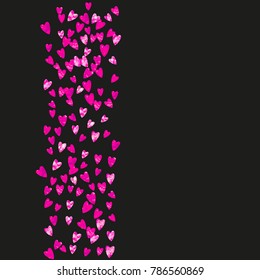 Valentines day border with pink glitter hearts. February 14th day. Vector confetti for valentines day border template. Grunge hand drawn texture. Love theme for voucher, special business ad, banner.