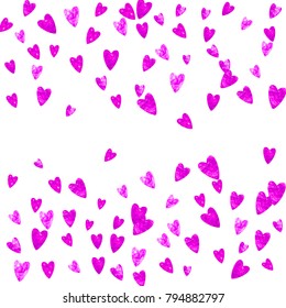 Valentines day border with pink glitter hearts. February 14th day. Vector confetti for valentines day border template. Grunge hand drawn texture. Love theme for special business offer, banner, flyer.