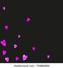 Valentines day border with pink glitter hearts. February 14th day. Vector confetti for valentines day border template. Grunge hand drawn texture. Love theme for voucher, special business ad, banner.