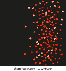 Valentines day border with red glitter hearts. February 14th day. Vector confetti for valentines day border template. Grunge hand drawn texture. Love theme for voucher, special business ad, banner.