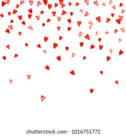 Valentines day border with red glitter hearts. February 14th day. Vector confetti for valentines day border template. Grunge hand drawn texture. Love theme for poster, gift certificate, banner.