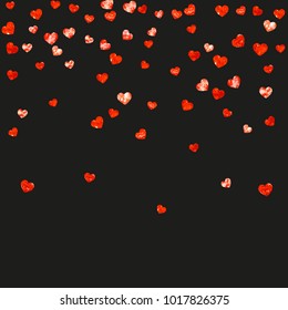 Valentines day border with red glitter hearts. February 14th day. Vector confetti for valentines day border template. Grunge hand drawn texture. Love theme for special business offer, banner, flyer.