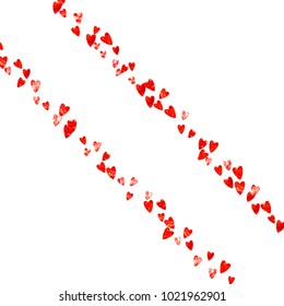 Valentines day border with red glitter hearts. February 14th day. Vector confetti for valentines day border template. Grunge hand drawn texture. Love theme for gift coupons, vouchers, ads, events.