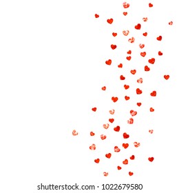 Valentines day border with red glitter hearts. February 14th day. Vector confetti for valentines day border template. Grunge hand drawn texture. Love theme for flyer, special business offer, promo.