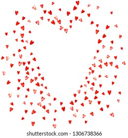 Valentines day border with red glitter hearts. February 14th day. Vector confetti for valentines day border template. Grunge hand drawn texture. Love theme for flyer, special business offer, promo.