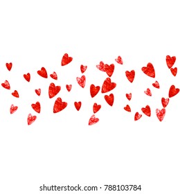 Valentines day border with red glitter hearts. February 14th day. Vector confetti for valentines day border template. Grunge hand drawn texture. Love theme for voucher, special business ad, banner.